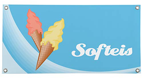 PVC-Banner ✓ Essen & Trinken, Gastronomie ✓ versch. Größen ✓ mit Metallösen ✓ inkl. Spanngummis (75x150 cm, Softeis)