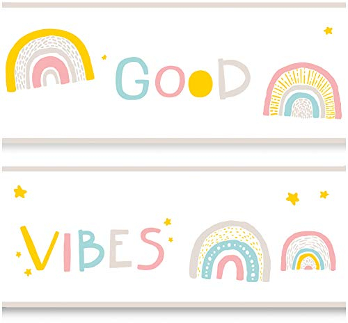 Bordüre 15cm x 200cm für Kinderzimmer Babyzimmer Dekor Aufkleber Wandbordüre selbstklebend Wandtattoo für Kinder Mädchen Junge Y033 (Good Vibes)