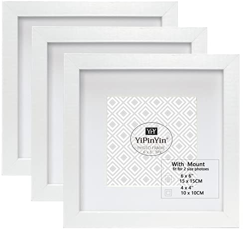 Lot de 3 cadres photo carrés blancs de 15 x 15 cm avec passe-partout pour photo de 12,7 x 12,7 cm, cadres photo carrés de 10 x 10 cm avec fenêtre en plexiglas pour montage mural et bureau