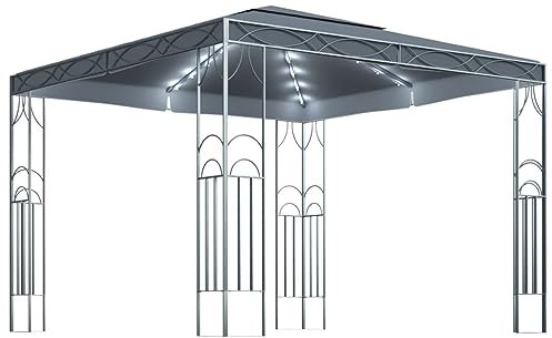 vidaXL Cenador con Tira de Luces Lateral Pérgola Jardín Patio Toldo Sombrilla Parasol Tienda Carpa Marquesina Desmontable Gris Antracita 300x300 cm