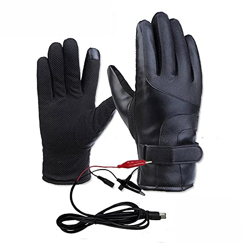 12V elektrisch beheizte Handschuhe, Riloer Winter Winddichte Motorradhandschuhe, Unisex PU Leder Skihandschuhe mit Touchscreen USB Powered Schwarz