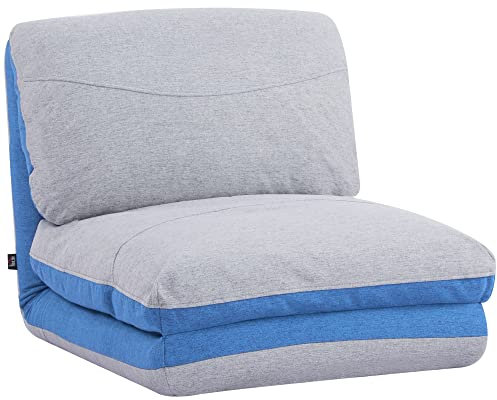 HOMCOM - Colchón auxiliar plegable - Sillón Convertible - Inclinación Respaldo Ajustable 5 Posiciones - Tejido Poliéster Aspecto Lino Gris Claro Azul