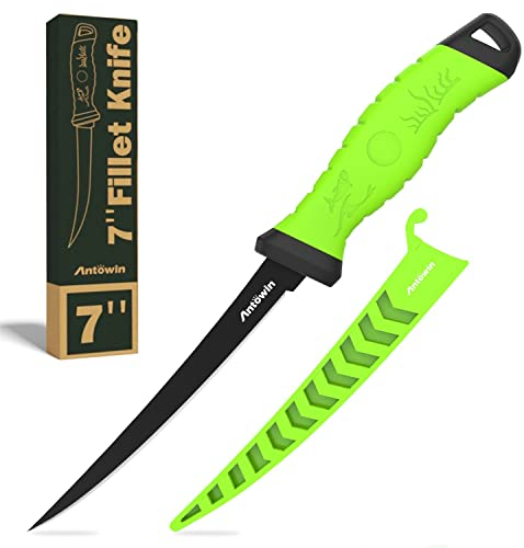 ANTOWIN 17,8 cm Fishing Edelstahl Filetiermesser Set mit Messer-Schärfer, Ergonomischer ABS Griff, Biegsam und Extrem Scharfe Klinge, für Fisch, Fleisch