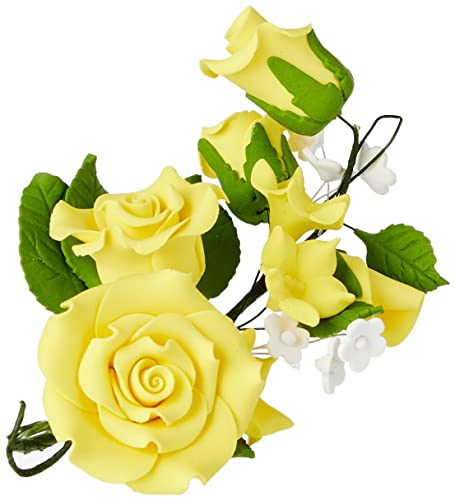 Culpitt Gumpaste Yellow Rose Flower Spray, Floral Cake Decoration, Cake Topper For Wedding, Anniversary, Celebration, 145mm