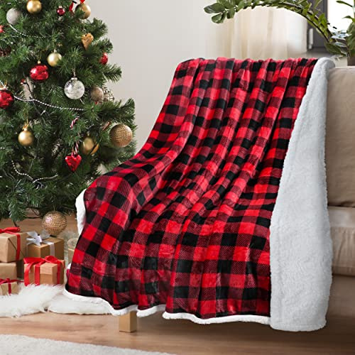Catalonia Classy Karierte Sherpa-Decke, Überwurf, Flauschige Büffeldecke, weihnachtliche, Karierte, warme Plüsch-Mikrofaser-Winter-Wendedecke für Couch, Schlafsofa, 150 x 130 cm, Rot Plaid