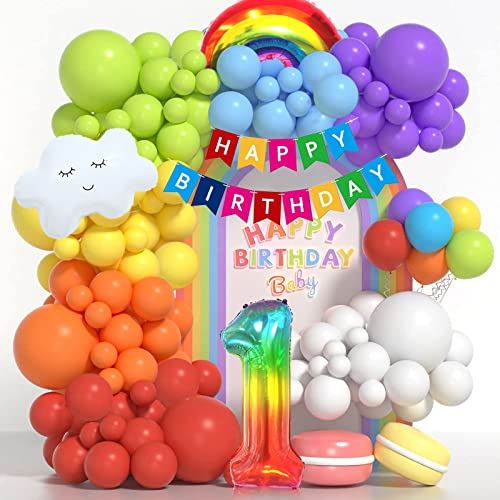 1. Geburtstag Mädchen Junge Deko, 1 Jahr Geburtstagsdeko Luftballons, Regenbogen Ballon Girlande, Happy Birthday Banner für Kinder Erster 1 Kindergeburtstag Rainbow Party Dekoration