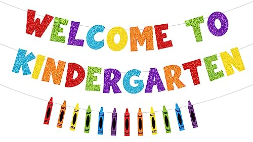 JKQ Buntes glitzerndes Banner Welcome to Kindergarten mit Buntstiftschildern, Schulanfang, Girlande, Banner für Schulanfang, Party-Dekorationen, Kinder, 1. Tag des Kindergartens, Banner für