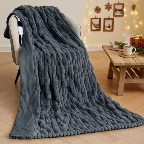 Coperta Elettrica Riscaldante 130x180cm, Tessuto Bambù Peluche Coniglio e Flanella, 6 Livelli di Riscaldamento, Spegnimento Automatico 1-10H, Coperta Termica Lavabile per Letto Divano Ufficio (Grigio)