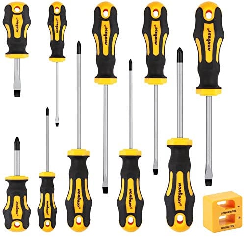 11Pcs Screwdriver Set, Heavy Duty Chrome Vanadium Steel Made, Magnetic Screwdriver with 5 Flat & 5 Cross Head with Magnetize & Demagnetize, Durable Hand Tools in Box