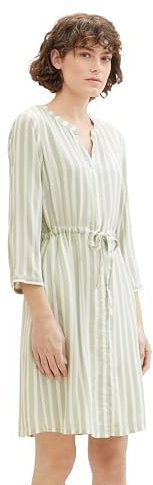 TOM TAILOR Damen Kleid mit Streifen & Bindegürtel, green offwhite stripe, 36