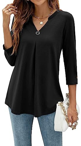 YloveM Chemisier pour Femmes Manches 3/4 Col V Blouse Décontracté Tunique Top Couleur Unie Longues Blouses Élégante Shirts
