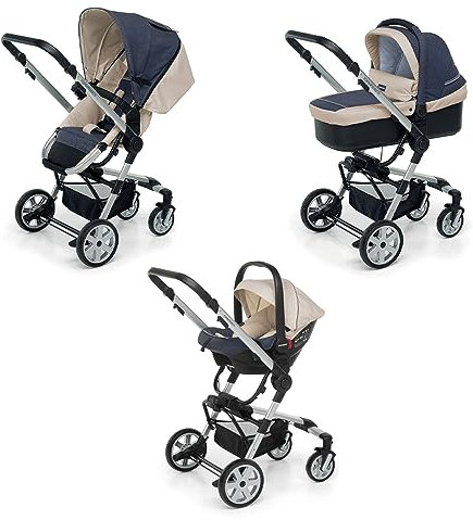 Foppapedretti Trio Supertres I-Size, Sistema Modulare Combinato per Bambini, Navicella Passeggino e Seggiolino auto I-Size, Maniglione e Poggiagambe Regolabili, conforme ECE R129, Denim Perla
