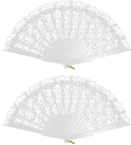 Lizzy 2 x White Lace Spanish Fan | Womens One Size Fordable Lace Fan | Hand Held Fan for Hand Wedding Party Halloween Fancy Dress Costume Accessory