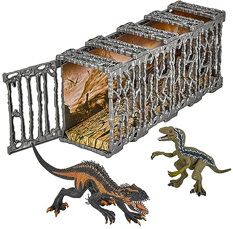 Baroni Toys Dinosaurier im Käfig Kinderspielzeug mit Zwei Dinosauriern, einem kämpfenden Hintergrund und einem klappbaren Käfig, Velociraptor und Indoraptor, für Kinder von 3 4 5 6 7 Jahren