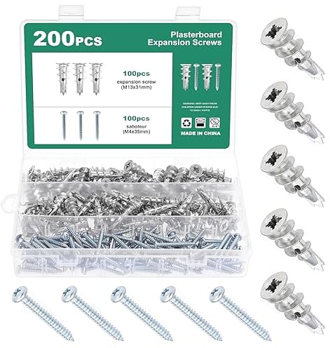 Moendergo 200 tasselli autoperforanti per cartongesso, tasselli e viti grezze, viti per pareti cavità e tasselli per cartongesso, kit di fissaggio per cartongesso (B)