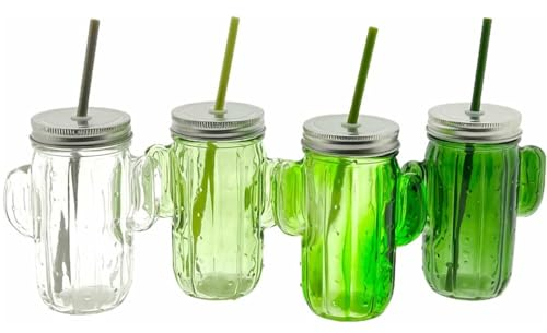 Bicchiere di vetro cactus con coperchio e cannuccia 350ml - 4 colori - 4 pezzi