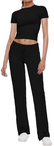 AnotherChill 2-teiliges Lounge-Set für Damen, gerades Bein, kurze Ärmel, bauchfreies T-Shirt, lässige Outfits, bequeme Loungewear, Schwarz, S