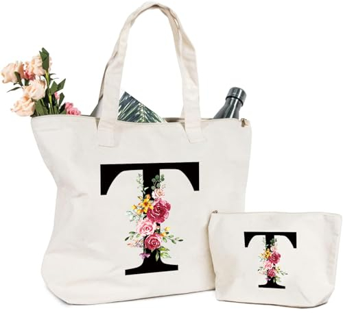 Tragetasche und Kosmetiktasche mit Initial, Canvas Einkaufstasche mit Reißverschluss, Personalisiert Initialen Baumwolltasche Geschenk für Freundin Frau Mama Schwester Geburtstag Hochzeit Muttertag T