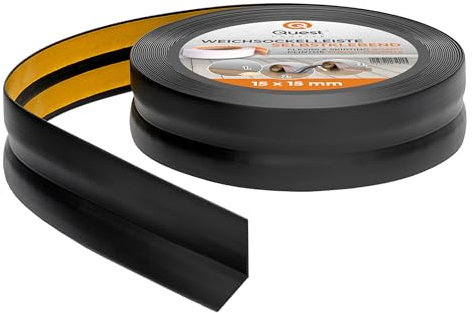 Quest Plinthe Souple Autoadhésive - 15 mm x 15 mm - Bande de finition en PVC pour cuisine, salle de bain - Bande d'étanchéité - Flexible, Etanche, Décorative (Noir, 25m)
