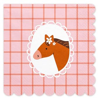 PartyDeco Servietten Papier 33x33cm Kariert 3-lagig 12 Stück - hochwertig & nachhaltig - Einweg Tischservietten mit Pferd Motiv - Papierservietten für Kindergeburtstag Mädchen Geburtstag - Rosa