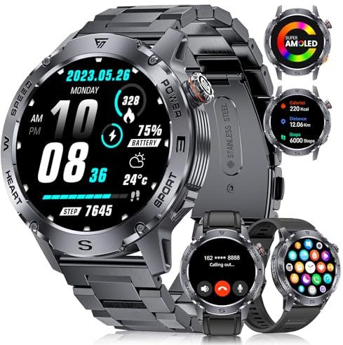 FOXBOX Smartwatch Uomo con 3 Cinturini,1,43'' AMOLED Militari Smart Watch con Chiamate Bluetooth, 120+ Modalità Sport, Cardiaca/Sonno Monitor, IP68 Impermeabil Orologio Smartwatch per Android iOS