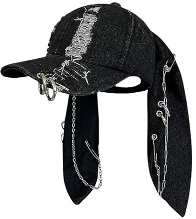 CORIRESHA Cute Bunny Hat with Ears Y2k Grunge Metal Iron Ring Chain Distressed Denim Baseball Cap, Black, One size