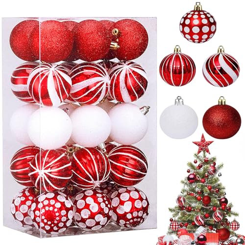 Pack De 30 Bolas Navideñas Rojas y Blancas, Colgante para Navidad ∅60mm, Percha De Bolas Navideñas, para La Decoración del Árbol De Navidad, Una Cálida Sensación De Feliz Navidad (5 Estilos).