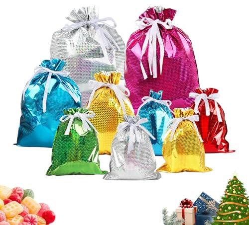 Weihnachtstüten zum Befüllen, 15 Stück Drawstring Geschenkbeutel Weihnachten, Bunt Foile Süßigkeiten Tüten, Geschenktüten Geburtstag Kekstüten mit Tags