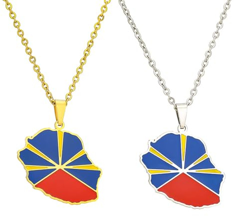 ZENRUIMING Lot de 2 colliers pendantif drapeau de la Réunion Style ethnique vintage Acier inoxydable Sans pierre précieuse
