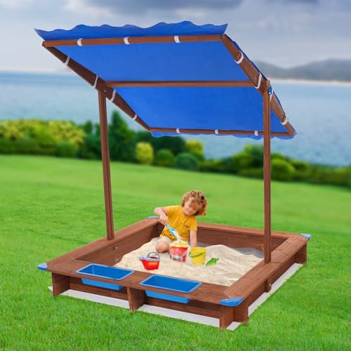 Apriltop Holzsandkasten mit Abdeckung für Hinterhof Garten, 126 * 121 * 118cm Sandkasten mit Dach, Tragfähigkeit 100Kg, Blau/Braun
