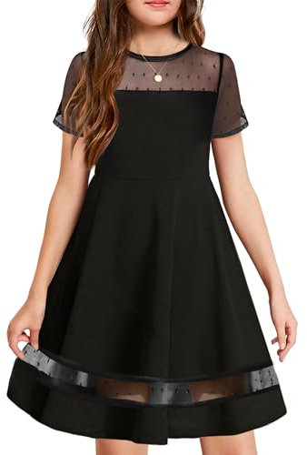 Arshiner Girls Dresses Festival Kids Summer Mesh Dress A-Line Elegant Party Fashion Dresses Casual Short Sleeve Dresses for Girls 11-12 Years Black
