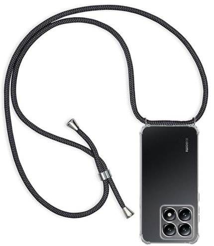 ZYIMOU für Xiaomi 14T Hülle mit Band, Handyhülle Xiaomi 14T Handykette Hülle mit Kette Schutzhülle Kordel zum Umhängen Transparent Weich TPU Silikon Bumper, Schwarz