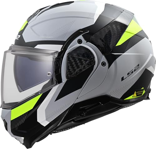 LS2 Advant II FF910. Motorcycle Helmet. Modular Flip Front. KPA + Carbon Components. Pinlock and Carry Backpack Included. TRIPLE Matt Light Grey H-Viz Yellow. XL