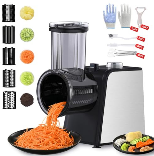 Electric Cheese Grater: Upgraded Cheese Grater with 5 Interchangeable Blades, Peeler, Cleaning Brush and Gloves as Gift, Salad Shooter Electric for Cheese, Fruit