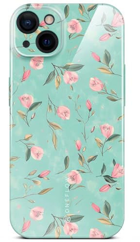 ONEFLOW Flower Cover für iPhone 15 Hülle in Floral Optik, Blumen Designer Case Handy Schutzhülle mit Kameraschutz, Hardcase dünne Handyhülle Blumenmuster, Mintgrün