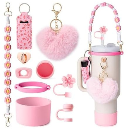 Accessoires Stanley Cup comprenant 1 Poignée de Transport, 1 Couvercle de Paille, 3 Bouchons de Couvercle Anti-Fuite et Capuchons de Paille, 1 Pendentif Moelleux, 1 Manchon de Sol en silicone pour la