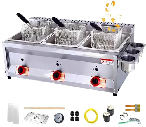 Freidora comercial de gas GLP con capacidad de 10 L, acero inoxidable, incluye cestas y tapa, perfecta para uso doméstico o restaurante