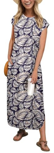 PrinStory Robe longue d'été sans manches pour femme, avec poches, col rond, robe de plage, feuille de palmier bleu foncé, XL