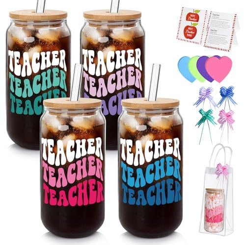 Mason Life 4 Sets Teacher Gifts,180Z Teacher Gifts for Women, Thank You Teachers Gift Bulk Glass Cup with Lid and Straw Appreciation Present for Women End of The Year Glass Cups Gift for Teachers