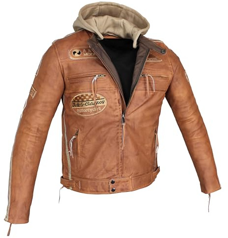 ALPHA SPEEDS Herren Motorradjacke Lederjacke Biker Jacke mit Protektoren Leder Jacke mit Kapuze Leather Jacket Fashion Jacket Custom
