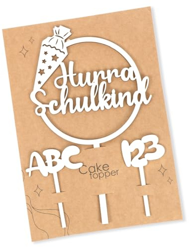 Tortendeko Einschulung, Kuchen Deko Einschulung, Holz Hurra Schulkind Tortendeko, Cake Topper Schulkind Kuchen Deko Torten Topper ABC 123 Kuchendeko Schulanfang für Mädchen Junge Schuleinführung Party