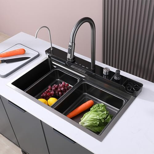 XJTNLB Fregadero Cascada Gris Fregadero Multifuncional Acero Inoxidable Fregaderos Modernos para Cocina Control de Mesa