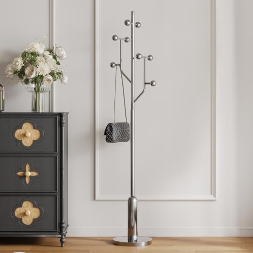 Bekrvio Freestanding Coat Rack with 8 Hooks, Tree Branch Design, Stainless steel Clothes Jacket Hanger Stand with Disc base for Entryway, Hallway, Bedroom – Holds Up to 120kg