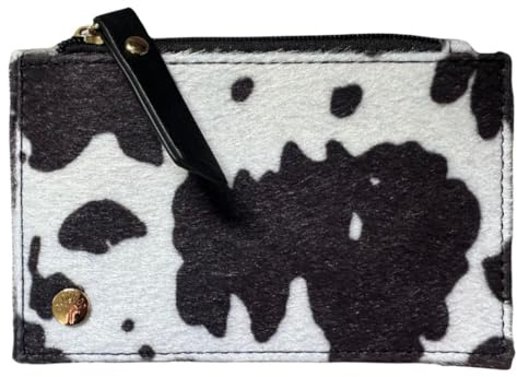 Cow Print Coin & Card Purse – Faux Leather Mini Wallet with Zip Compartment, Card Slots & Slip Pocket – 13.5 × 9 × 1 cm (Black)
