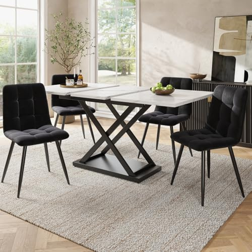 KOMHTOM Ensemble Table à Manger 120-160×80×75cm – Table a Manger avec 4 chaises, Plateau Extensible en MDF, Pieds Croisés Noirs, Chaise en Velours Noir