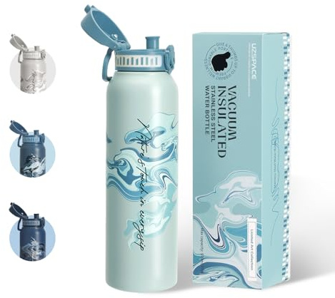 UZSPACE Water Bottle Stainless Steel 316, Artistic Drinks Bottle Misty Blue | 970ml Leakproof Drinking Bottles for Adults, Double-Walled Metal Water Bottle, Flasks for Hot and Cold Drinks for Outdoors