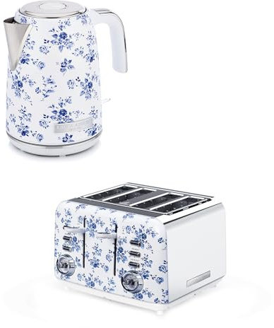 Laura Ashley China Rose 1.7L Electric Kettle and Toaster Sets 4 Slice - Energy Efficient Fast Boil Stainless Steel Kettle - Wide Slot Toaster 4 Slice with Defrost, 7 Browning Settings & Warming Rack
