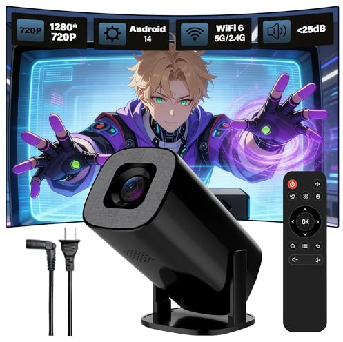 V1 Mini Beamer Android 14 Mini Projektor,WLAN 6 + Bluetooth 5.2,1280 * 720P Tragbare Beamer Klein für TV Stick/Smartphone/Laptop/Lautsprecher,180°-Drehung Smart Projector