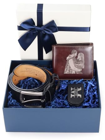kaululu Geschenkset für Männer Personalisierte Geldbörse mit Foto Ledergürtel mit Gravur Namen für Männer Personalisierte Geschenke zum Valentinstag/Vatertag/Geburtstag/Weihnachten