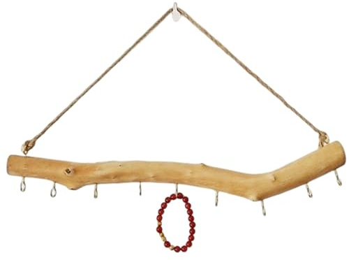 Cintre mural en bois flotté – Organisateur de bijoux pour décoration d'intérieur | Branche en bois naturel avec crochets, présentoir rustique, rangement à suspendre pour boucles d'oreilles, colliers